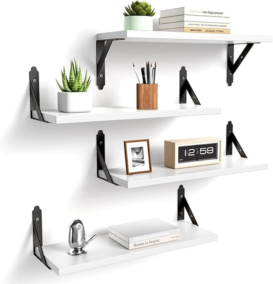 ROMGUAR CRAFT Wood Floating Shelves Set of 4, Rustic Storage Decor Wall Shelves, Wall Mounted Shelf for Living Room, Bedroom 17" x 6", White