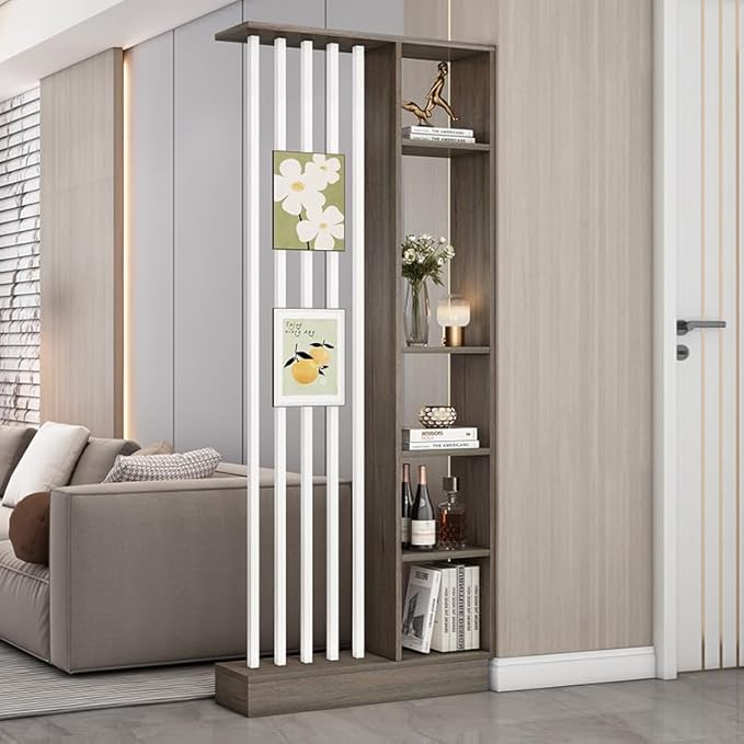 Wall Room Divider, Storage Cabinet Storage Display with Shelves, Modern Freestanding Wood Room Divider Screen, Wall Privacy Screens for Home Decorative (Grey Oak+White,31.5" L x 9.5" W x 79.5" H)