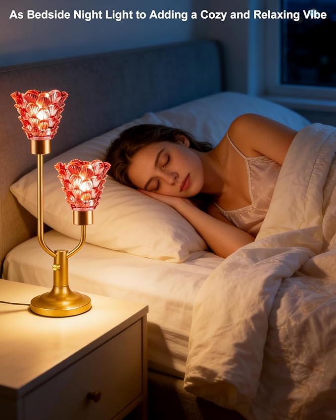 Lightdot Glass Red Table Lamp Dimmable Mid Century Modern Gold Desk Lamp with Shell Flower Shades 2 Bulbs Included 3000K Warmwhite Nightstand Ambience Lamp for Bedroom Bedside Living Room
