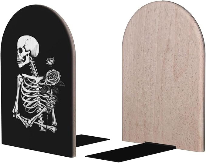 Rock and Roll Rose Skeleton Skull 2 Piece Wood Decorative Bookends 6.7x4.2 in, Book Ends for Home Office Library Shelves Decor Room Kitchen Desktop