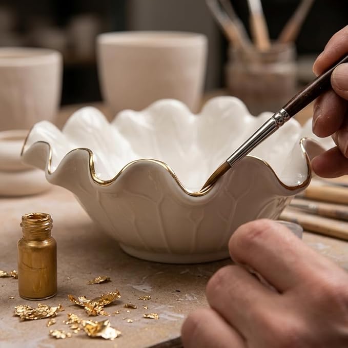 8 Inch Small Lotus Ceramic Decorative Bowl, about15 oz Capacity, Modern Ruffle Lotus Leaf with Gold TrimDesign,Decorative Centerpiece for Entryway Tables, Coffee Tables,Kitchen Counters