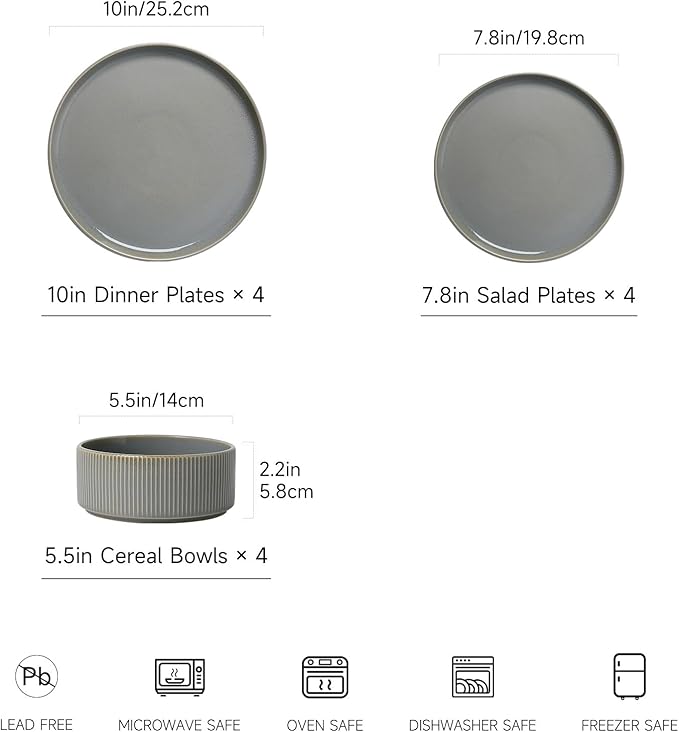 MONITO Ceramic Dinnerware Sets for 4, 12PCS Stoneware Plates and Bowls Sets, Reactive Glaze Dish Set, Chip and Scratch Resistant Double, Microwave and Dishwasher Safe, Sage Mist
