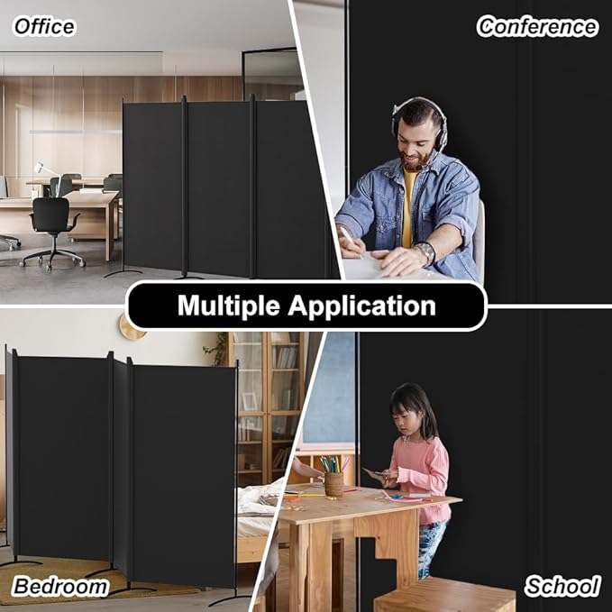 Kokorona 4 Panel Room Divider, 6FT Tall Folding Privacy Screen Wall Dividers, Portable Privacy Screen Freestanding Room Divider for Room Separation, Included - Cover Strips, Black, 136''W x 71''H