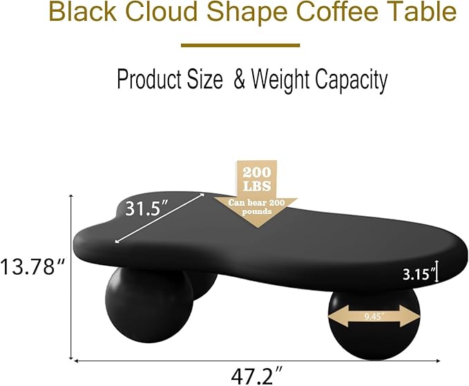 47" Cloud Coffee Table for Living Room Irregular Coffee Table Modern Low Coffee Tables Abstract Faux Stone Cute Center Table with 3 Ball Legs for Small Space Apartment Black
