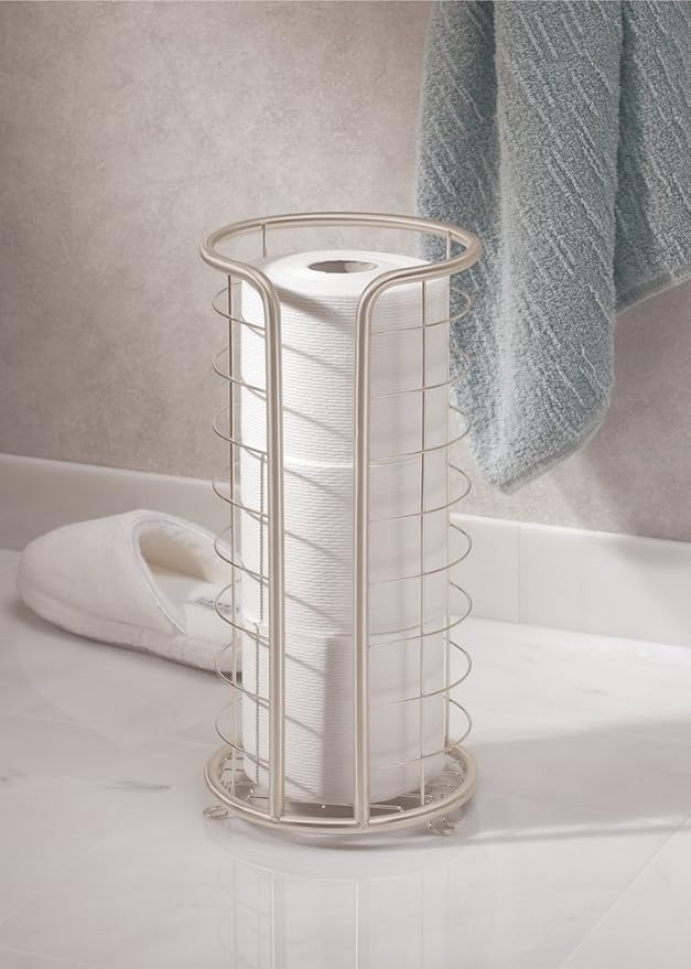 mDesign Metal Toilet Paper Holder Stand - Storage Reserve for 3 Rolls of Toilet Tissue - Freestanding Toilet Paper Holder - Stylish Bathroom Floor Toilet Paper Stand - Omni Collection - Satin