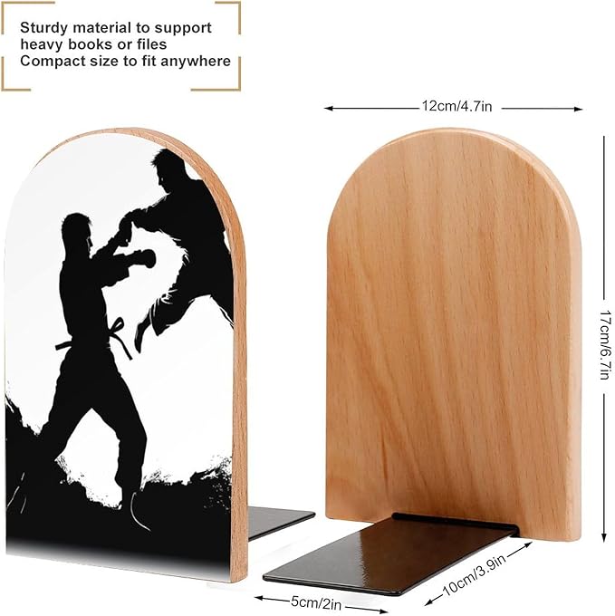 Kickboxing Book Ends Wooden Bookends Non-Skid Metal Base Heavy Duty Book Shelves Decor, Decorative Bookends for Books/CDs Bookshelf Table Home Decor