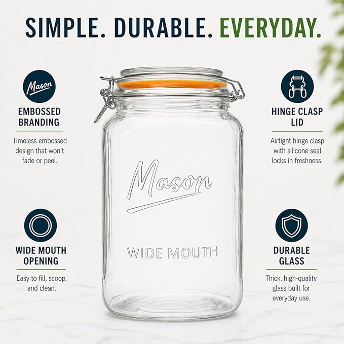1 Gallon Glass Jar with Swing Top Lid - Extra Large Mason Jar Wide Mouth with Airtight Glass Clamp Lid - Square Glass Storage Container with Measurements for Flour, Sugar, Cookies & Pickling