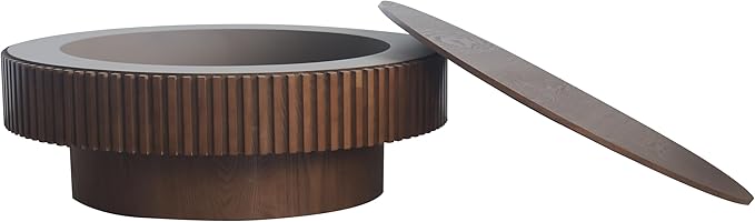 39.37'' Round Coffee Table with Storage, Solid Wood Veneered Modern Drum Coffee Table Accent Tea Table for Living Room, Bedroom, Apartment or Office-Walnut