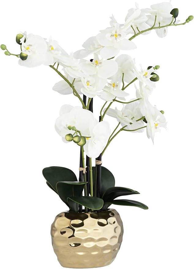 Dahlia Studios Potted Faux Artificial Flowers Realistic White Phalaenopsis Orchid in Silver Gold Ceramic Pot Home Decoration Living Room Office Bedroom Bathroom Kitchen Dining Room 23" High