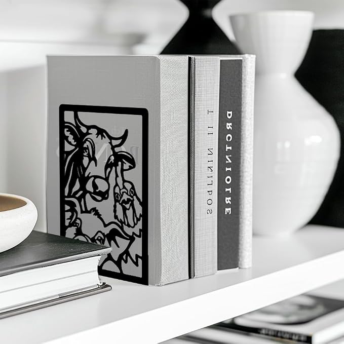 Peacoblue Metal Bookends for Shelves, Modern Decorative Heavy Duty Study Book Support Stoppers for Office, Desk, Shelf, Room 5.3"x4.3"x7.9" Cast Iron Simple Tall Bookends, 1 Pair (Farm Animals)