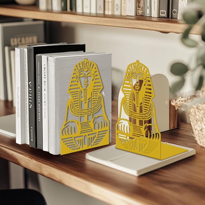 Peacoblue Metal Bookends for Shelves, Modern Decorative Heavy Duty Study Book Ends Stoppers for Office, Desk, Shelf, Room 5.3"x4.3"x7.9" Cast Iron Simple Tall Bookends 1 Pair (Golden Sphinx)