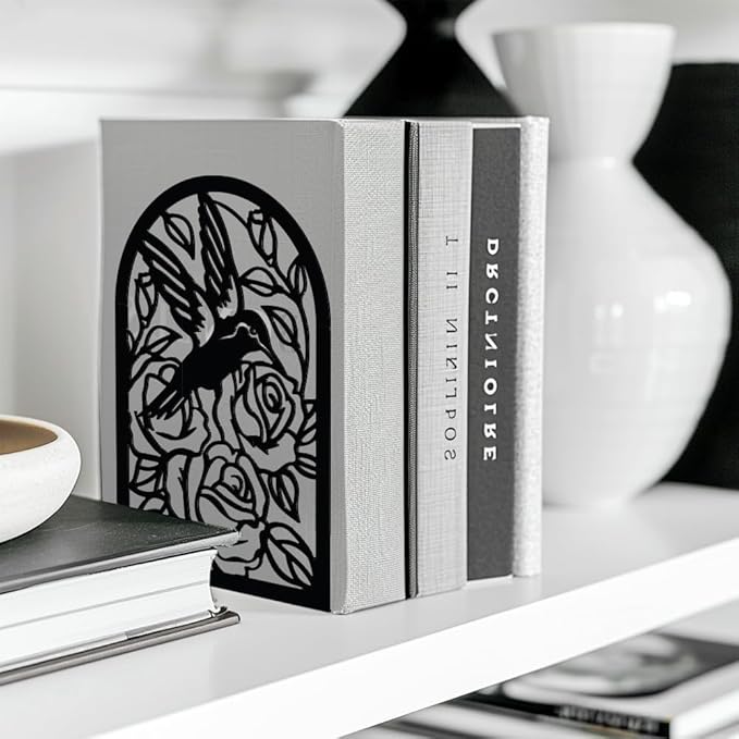 Peacoblue Metal Bookends for Shelves, Heavy Duty Study Beautiful Tall Hummingbird Book Stoppers Bookends Used on Desk, Shelf, Farmhouse for Small, Large Books 5.3"x4.3"x7.9", 1 Pair(Hummingbird)