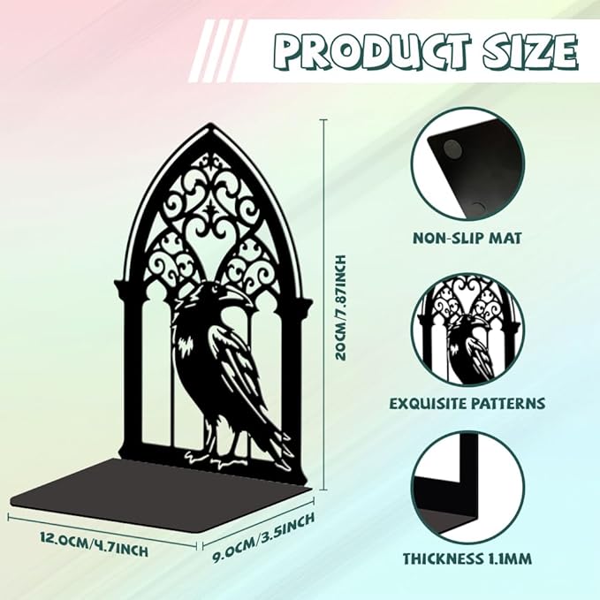 Peacoblue Metal Bookends for Shelves, Modern Decorative Heavy Duty Study Book Support Stoppers for Office, Desk, Shelf, Room 5.3"x4.3"x7.9" Cast Iron Simple Tall Bookends, 1 Pair (Gothic Crow)