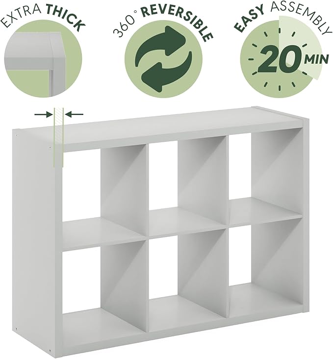 Furinno CUBICLE Book Shelf, 6-Cube Bookshelf, Extra Thick Frame Horizontally & Vertically Reversible Bookcase with Open Back, 14.6" x 44" x 30", for Living Room, Bedroom, Home Office, Light Grey