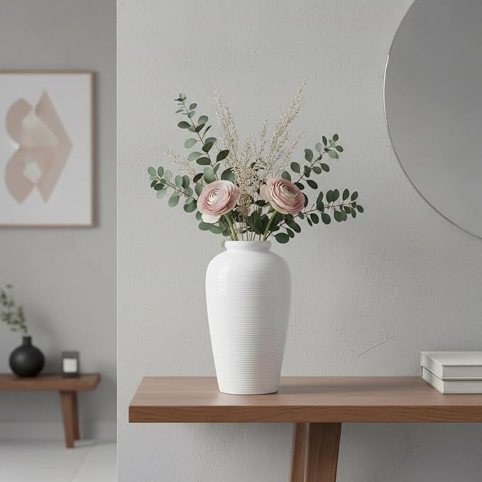 White Ceramic Vase for Centerpiece - 11 Inch Large Modern Boho Vase for Pampas Grass, Minimalist Decorative Flower Vases for Home Decor, Kitchen, Entryway, Mantel, Wedding Decor