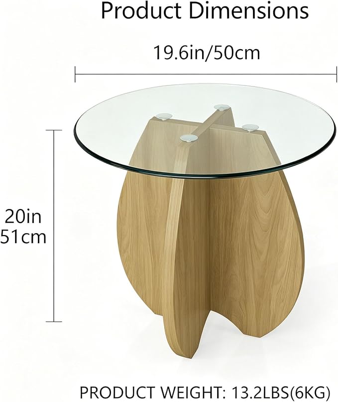 MDF Frame Side Table with Brown Tempered Glass Top, Mortise and Tenon Joint Design, No Screw Easy Assembly, Sturdy End Table for Living Room, Bedroom (Shell-Natural)