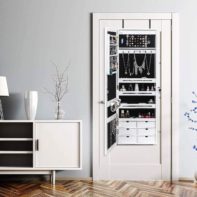 Non Full Length Mirror Jewelry Cabinet - Wooden Wall Hanging Jewelry Organizer - Wall Mounted Jewelry Mirror Cabinet - Jewelry Armoire With Mirror - 4-Layer Shelf, 6 Drawers, 8 Blue LED Lights - White