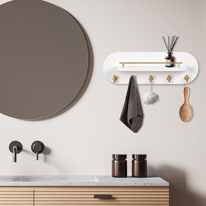 SANY DAYO HOME Key Holder Wall Mount White Wood Entryway Rack with 5 Gold Hooks, Metal Shelf Guardrail for Key Organizer, Living Room Decor (Oval, 14" x 5")