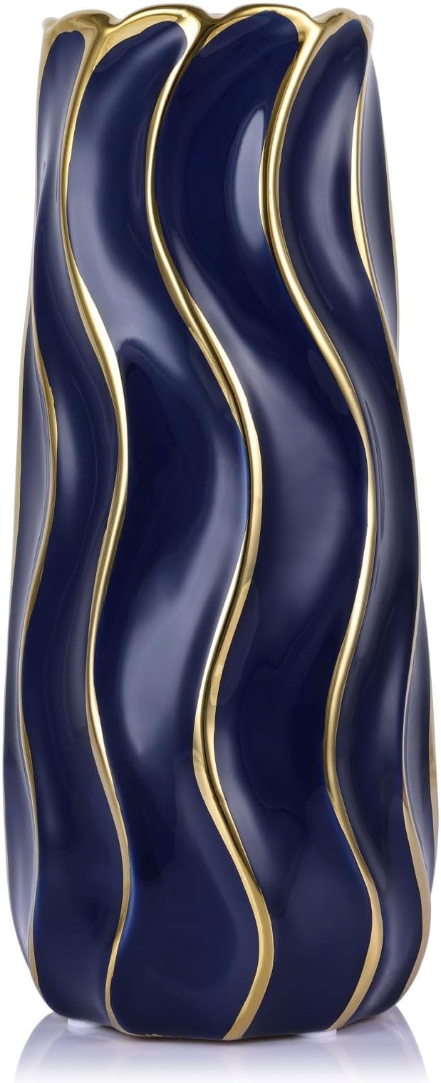 9.5" Blue Ceramic Vase - Minimalist Blue and Gold Flower Vase, Blue Decor Large Pampas Grass Vase, Boho Decorative Centerpiece Vase for Home Decor, Table, Shelf, Mantel, and Entryway
