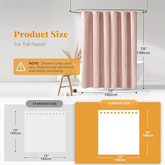 BTTN 78 Inch Long Shower Curtain - Linen Textured Heavy Duty Fabric Shower Curtain Set with 12 Plastic Hooks, Wrinkle Free, Machine Washable, Modern Bath Curtains for Bathroom, 72x78, Blush/Light Pink