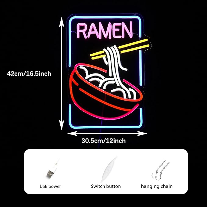Ramen Neon Sign Noodle Led Neon Lights for Wall Decor Neon Ramen Light up Sign Powered by USB Multi colored Neon Lights for Restaurant Ramen Shop Window（16.5’’X12’’）