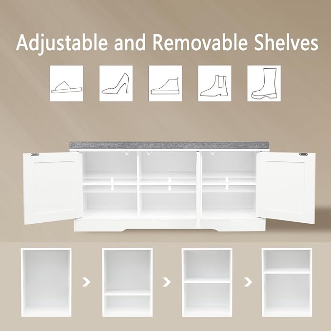 DINZI LVJ Shoe Bench, Entryway Storage Bench with Doors, Cushion, 2-Tier Shoe Rack with 6-Cubby, 39.4”L x 13.8”W Shoe Organizer Cabinet, Adjustable Shelf, Living Room, Bedroom, White