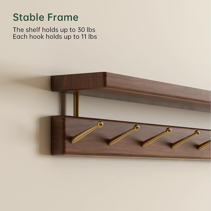 Walnut Wall Hooks with Shelf, Coat Rack Wall Mount, Entryway Hanging Shelf with 7 Brass Hooks for Hats, Clothes, Towels, Bags, Black Walnut Wood, Natural