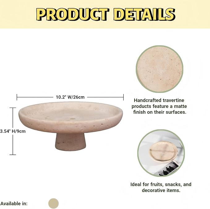 Natural Travertine Fruit Bowl for Kitchen Counter 10.2",Large Decorative Bowl & Travertine Bowl Pedestal for Kitchen Counter & Dining Table ,For Entryway, Kitchen Fruit Bowl, Dining Table Centerpiece.