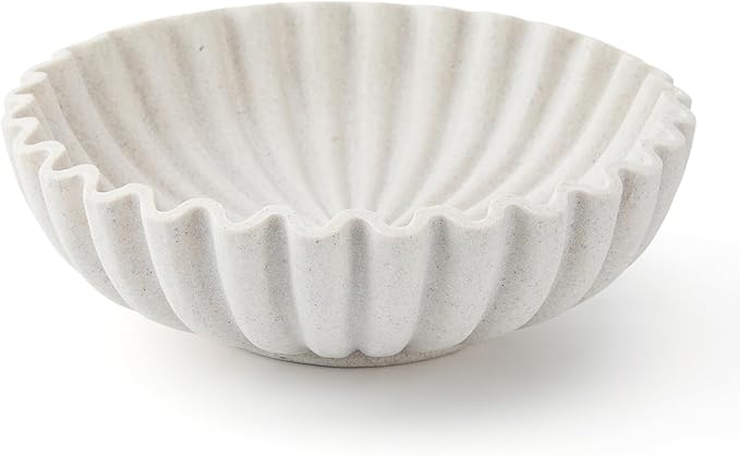Large Decorative Bowl, Resin Fruit Bowl for Kitchen Counter, Scalloped Ruffle Entryway Bowl, 10 Inch Modern Purse Bowl for Home Decor, Artificial Stone Beige