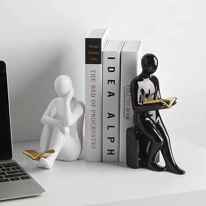 Linxia Ceramic Reading Bookends Decorative Figurine Accent Piece for Home,Office,Table and Desk Decor Stopper for Books/Movies/CDs/Video Games (1 Pair, White and Black)