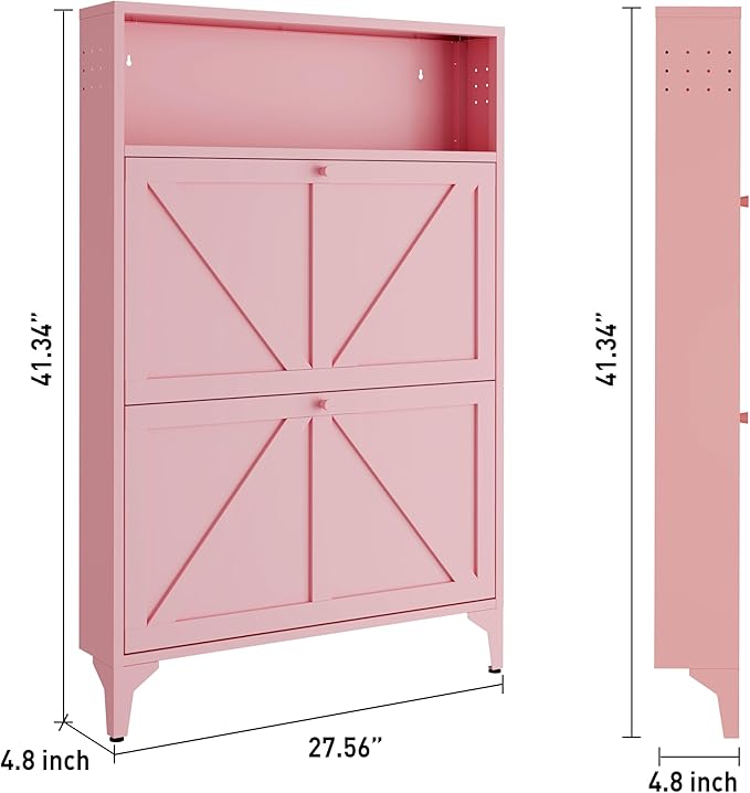 Silm Shoe Cabinet with 2 Flip Drawers,Hidden Shoe Storage Cabinet,Metal Freestanding Organizer,Narrow Shoe Cabinet Storage for Entryway,Hallway,Living Room (2 Door, Pink)