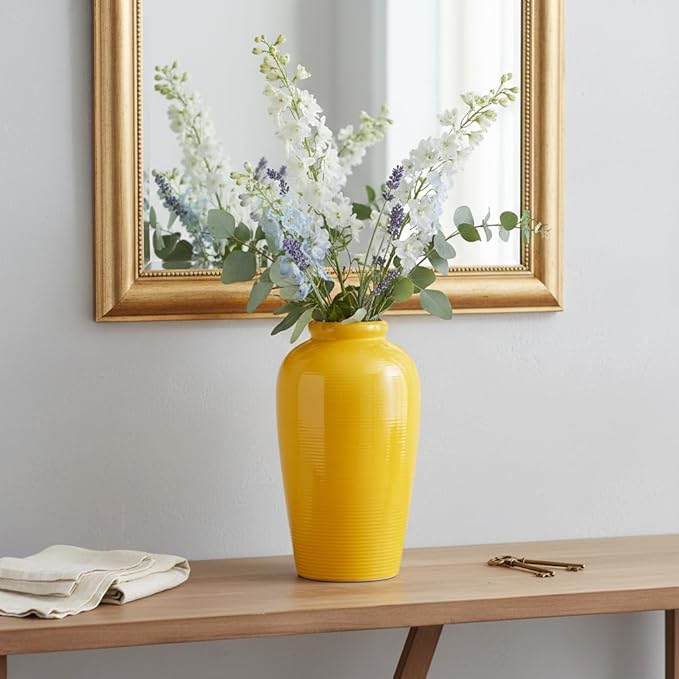 11 Inch Yellow Ceramic Vase for Flowers - Modern Minimalist Vases Home Decor - Textured Decorative Vase for Kitchen, Wedding Centerpiece, Fireplace Decoration for Living Room