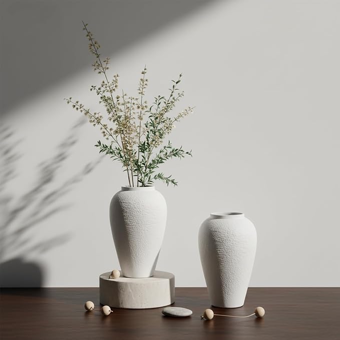 Vintage Stone Textured Ceramic Vase, Minimalist White Flower Vase, Rustic Decorative Centerpiece for Farmhouse, Living Room, Shelf, Dining Table Home Decor, Medium-Sized (White Texture 9.3'' Tall)