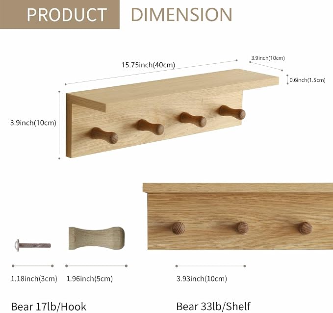 Small Entryway Shelf with Hooks, Wall Mounted Coat Rack with Shelf for Small Spaces, Wooden Floating Wall Organizer for Entryway, Mudroom, Nursery, Bathroom & Kitchen (Oak Finish)