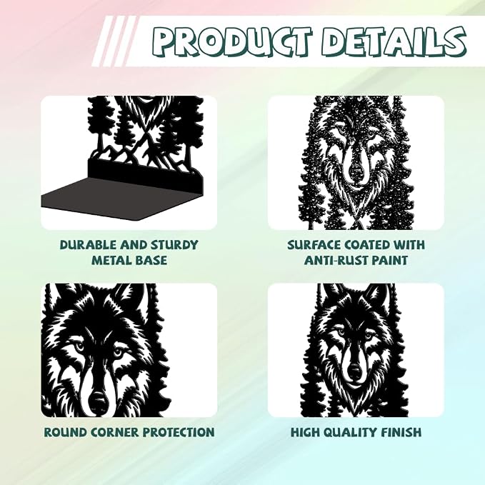 Peacoblue Metal Bookends for Shelves, Modern Decorative Heavy Duty Study Book Ends Stoppers for Office, Desk, Shelf, Room 5.3"x4.3"x7.9" Cast Iron Simple Tall Bookends 1 Pair (Wolf Head with Pines)