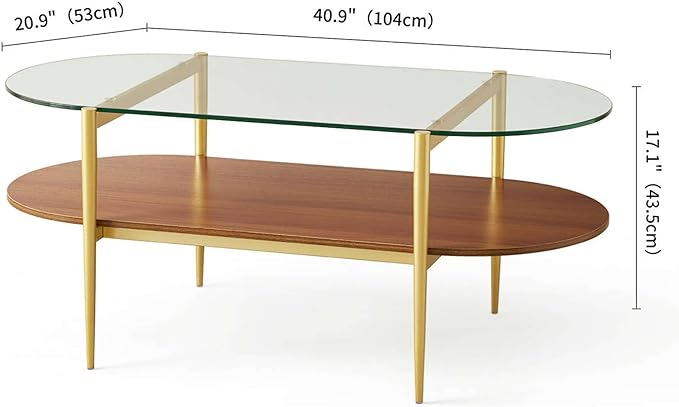 LumFurn Oval Glass Coffee Table, Mid-Century Modern Design, L41 x W21 x H17 inch, for Living Room, 2-Tier Structure, Clear Glass Top and Walnut Finish Wood Shelf, Conical Legs with Gold Finish Frame