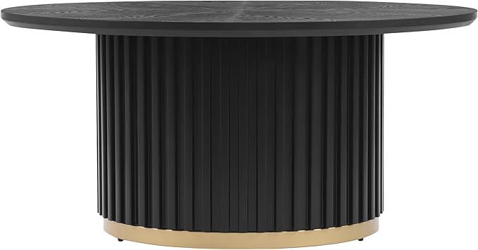 Modern Round Coffee Table with Fluted Pedestal Circle Coffee Table with Faux Marble Tabletop for Bedroom,Apartment,Living Room Black