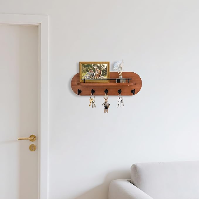 SANY DAYO HOME Key Holder Wall Mount Brown Wood Entryway Rack with 5 Gold Hooks, Metal Shelf Guardrail for Key Organizer, Living Room Decor (Oval, 14" x 5")