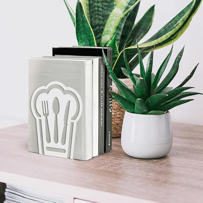 Peacoblue Metal Bookends for Shelves, Modern Decorative Heavy Duty Study Book Support Stoppers for Office, Desk, Shelf, Room 5.3"x4.3"x6.1" Cast Iron Simple White Book Ends, 1 Pair (Chef Hat)