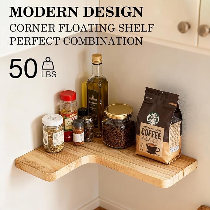 Floating Corner Shelves, Wall Shelf Set of 5, Shelves for Wall Storage, Solid Wood Shelves for Storage, Wall Mount Wooden Display Shelf for Bathroom Bedroom Kitchen Garage (Light 5 Pcs)