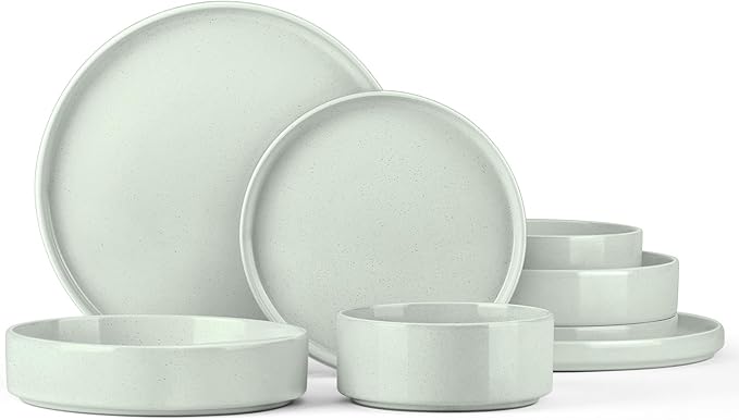 Onader Stoneware Dinnerware Sets, 8 Piece Plates and Bowls Dishes Sets for 2, Speckled Kitchen Dishware Dining Ware with Double Bowl – Pale Sage Green