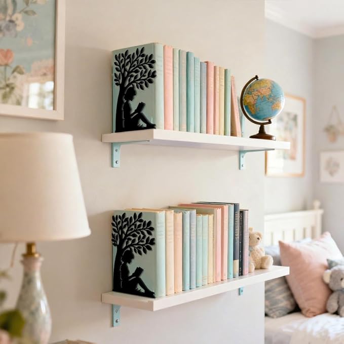 Peacoblue Metal Bookends for Shelves, Modern Decorative Heavy Duty Study Book Ends Stoppers for Office Desk Shelf Room 5.3x4.3x7.9 Cast Iron Simple Tall Bookends 1 Pair (Girl Reading Under a Tree)