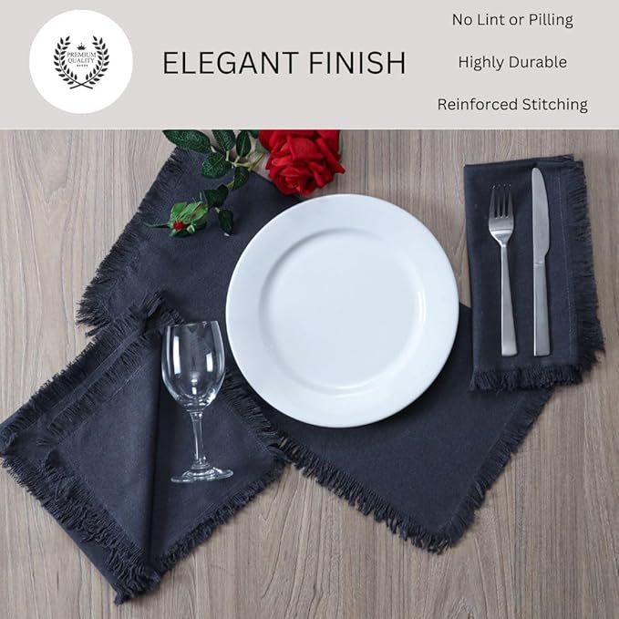 Cloth Dinner Napkins Fringes 20x20 Inch 100% Cotton Set of 6 - for Dining Special Occasions Wedding Holidays Easter - Soft Durable Washable - Elegant Table Cloth Napkins Charcoal Grey