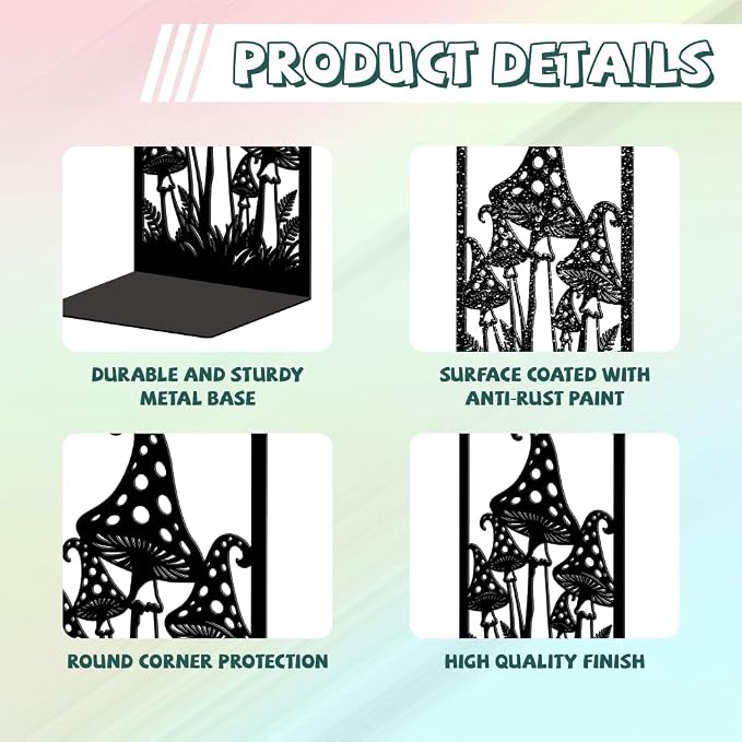 Peacoblue Metal Bookends for Shelves, Modern Decorative Heavy Duty Study Book Ends Stoppers for Office Desk Shelf, Room 5.3"x4.3"x7.9" Cast Iron Tall Bookends 1 Pair (Mushrooms and Ferns)