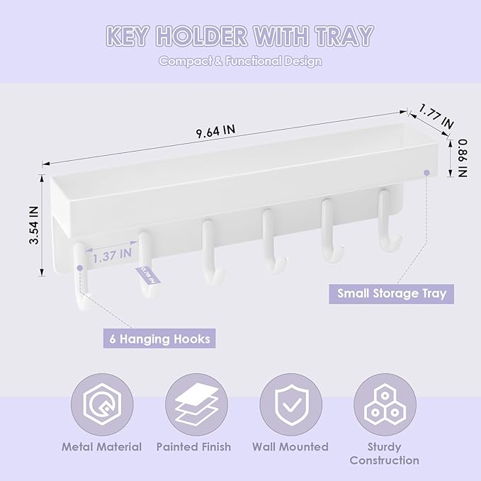 VIS'V Key Holder Wall Mount, Adhesive Key Rack with Tray, 6 Hooks, White | 2 Mount Options, Compact Discreet Design, Suitable for Entryway, Hallway, Doorway, Kitchen, Garage, Camper
