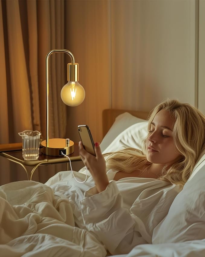 ONEWISH Industrial Table Lamp Set of 2 with USB A&C Charging Port, Stepless Dimmable Nightstand Bedside Lamps for Bedroom,Desk Lamps with 2700K Gold Gradient Bulb for Reading Living Room
