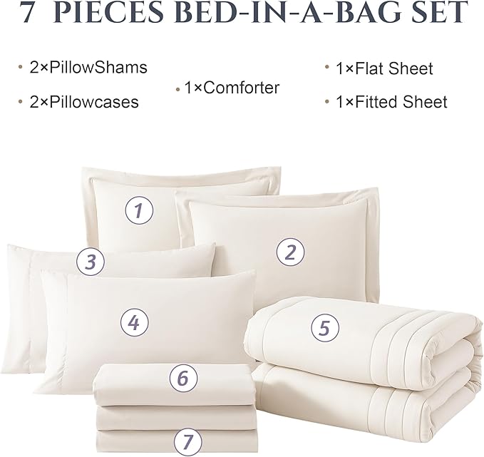 Monbix Full Size Comforter Sets - 7 Pieces White Bed in a Bag Full Size Bedding Sets with Comforters, All Seasons Comforter with Sheets,Pillowcases & Shams