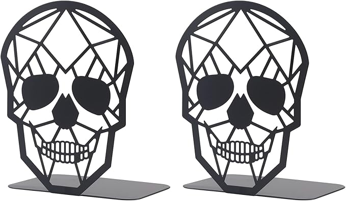 Black Skull Design Bookend Metal Book Ends, Heavy Duty Bookends for Shelves Desk, Skull Book Shelf Holder for Heavy Books, Decorative Desktop Organizer Home Office (1Pair)