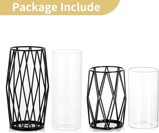 Nuptio Black Pillar Candle Holders - Glass Candles Holder with Geometric Metal Rack Stand for Wedding Birthday Party Centerpieces - Flower Vase Small Hurricane Vases for Office Living Room