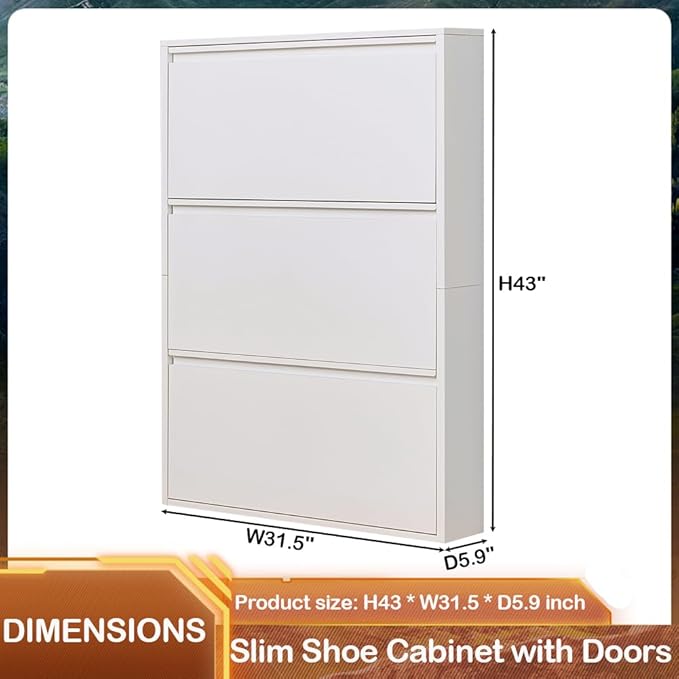 Shoe Storage Cabinet with 3 Flip Drawers, Hidden Slim Narrow Shoe Rack Cabinet, Wall Mount Metal Shoe Cabinet for Entryway, White